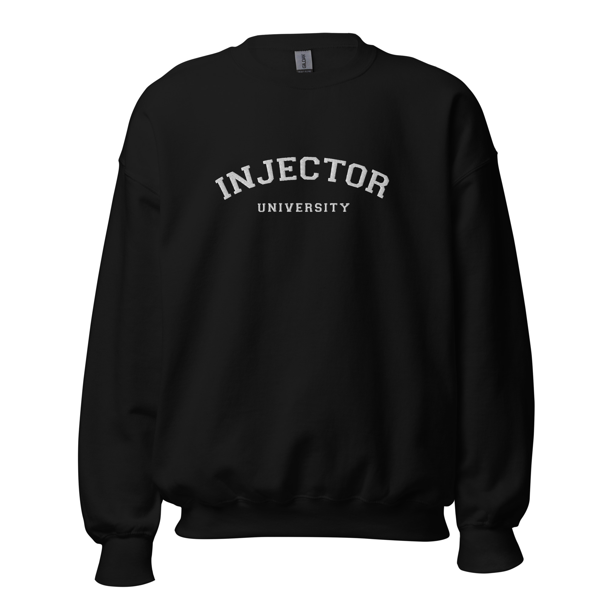 black crewneck with embroidered text: Injector University