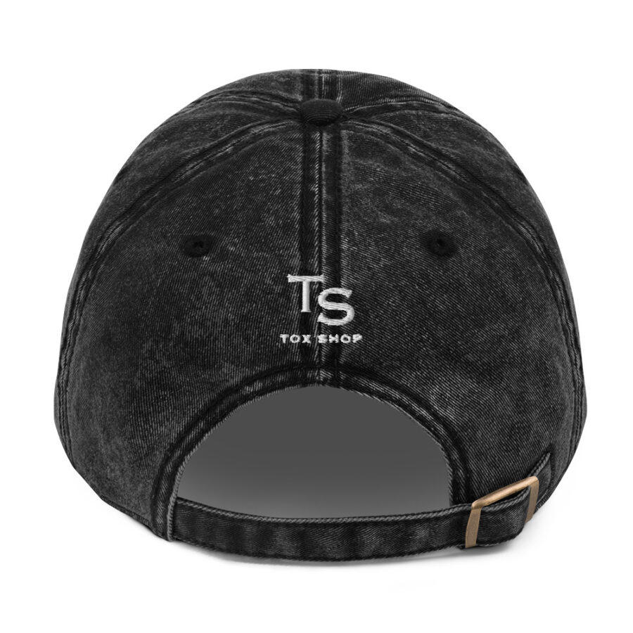 back of Injector University vintage black baseball hat with raised white embroidered stitching that reads: TS, Tox Shop