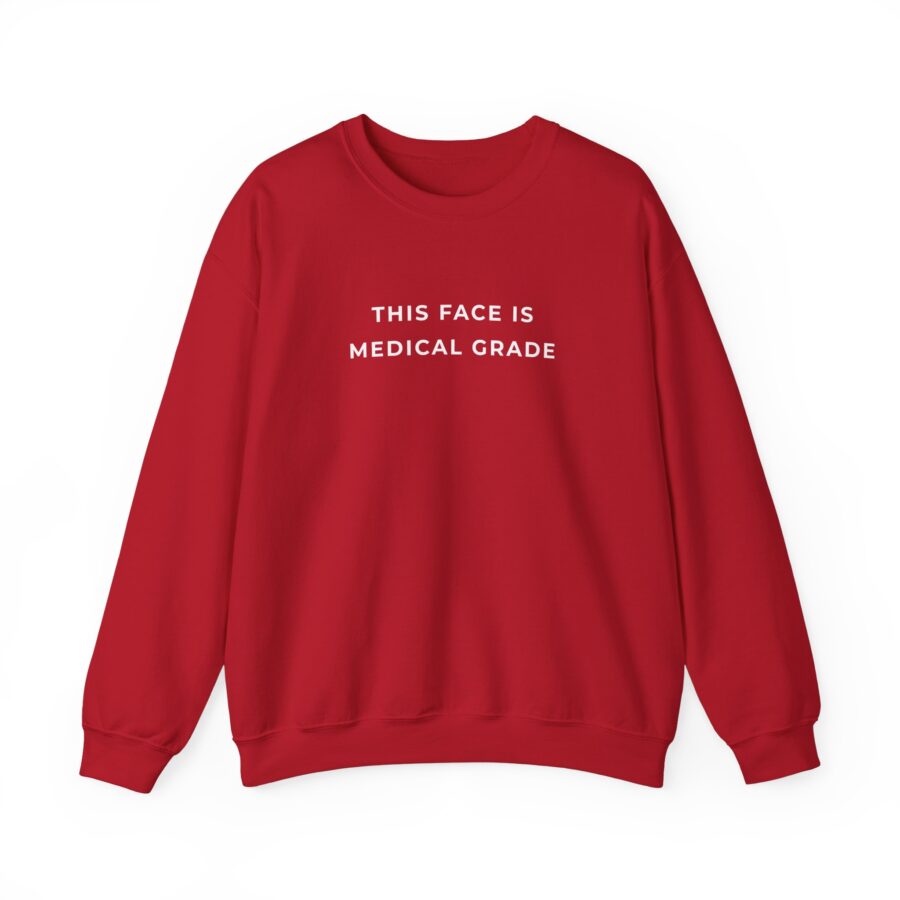 front of this face is medical grade crewneck in cherry red