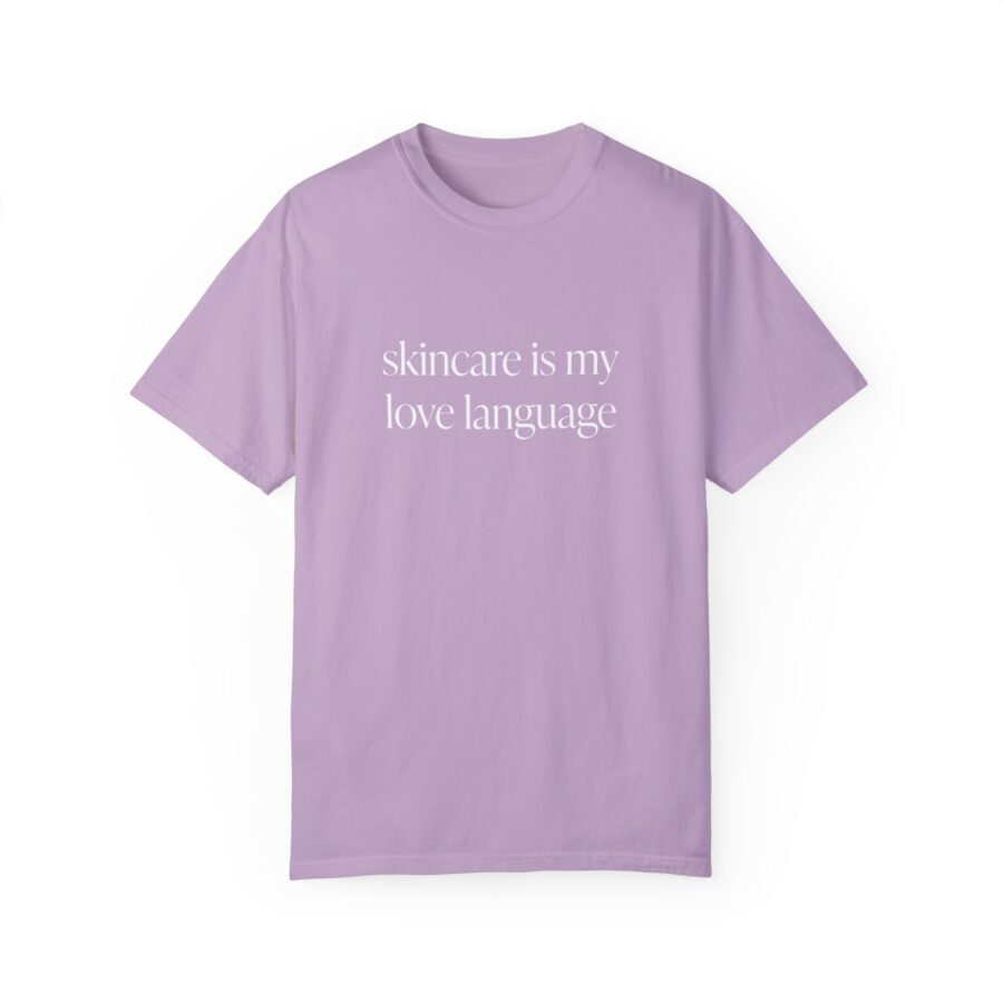 front of Skincare is My Love Language t-shirt in Orchid with white text